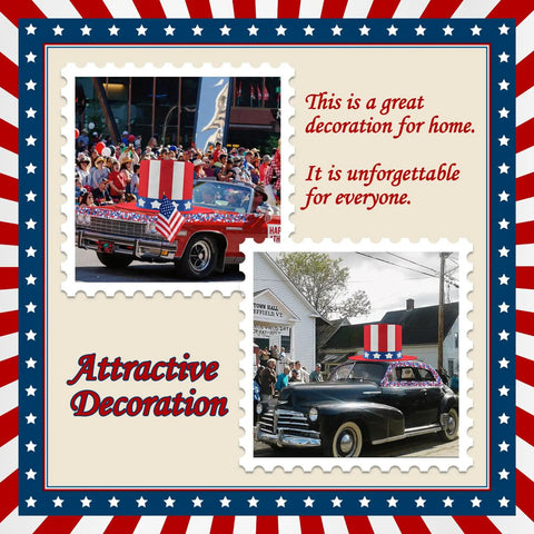 Vintage cars with Patriotic Fourth Of July Giant Hat Golf Cart Decoration Set with red, white, blue star tinsel on hoods.