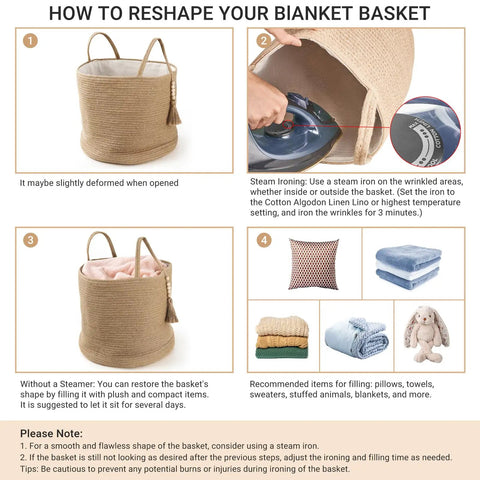 Instructions for reshaping Dope Natural Rope Woven Storage Basket With Wooden Bead Handles Macrame Organizer For Blankets, Toys.