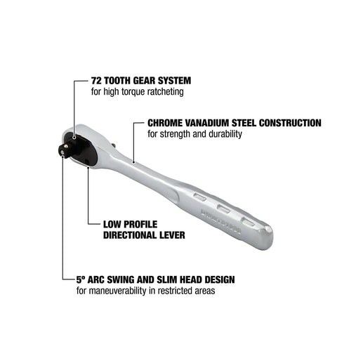 Quick Release One Quarter Inch Drive Ratchet With 72 Tooth Gear For High Torque Workhorse Slim Head For Tight Spots Five Degree Swing