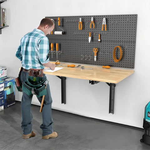 24 Inch Black Heavy Duty Folding Shelf Brackets on garage wall with tools and workbench, max load 550 lb, garage ready