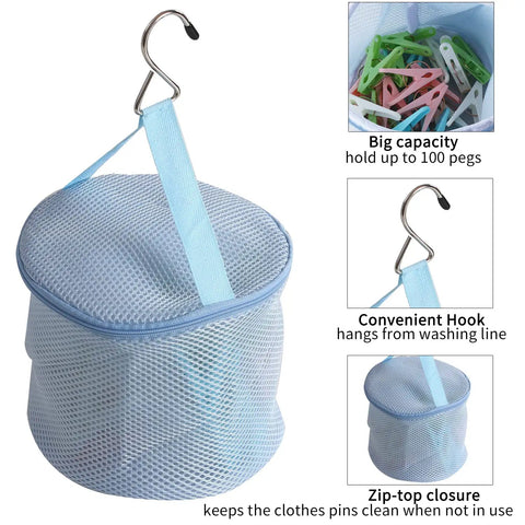 Nifty mesh carry bag for No Mess Plastic Clothes Pins 48 Pack, features hook and zip-top for easy access and storage.