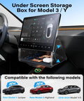 Under Screen Storage Box For Tesla Model Y And Model 3 Juniper And Highland Editions Magnetic Hidden Privacy Center Console Organizer 2019 2026 Keeps Essentials Within Reach And Cabin Clutter Free shown mounted under display in Tesla cabin.