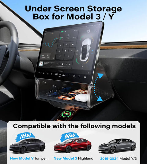 Under Screen Storage Box For Tesla Model Y And Model 3 Juniper And Highland Editions Magnetic Hidden Privacy Center Console Organizer 2019 2026 Keeps Essentials Within Reach And Cabin Clutter Free shown mounted under display in Tesla cabin.