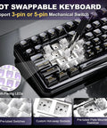 Badass Tri Mode Wireless Mechanical Gaming Keyboard With Comfy Gasket Mod And Hot Swappable Linear Switches showing hot swappable keyboard mechanism.