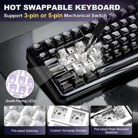 Badass Tri Mode Wireless Mechanical Gaming Keyboard With Comfy Gasket Mod And Hot Swappable Linear Switches showing hot swappable keyboard mechanism.