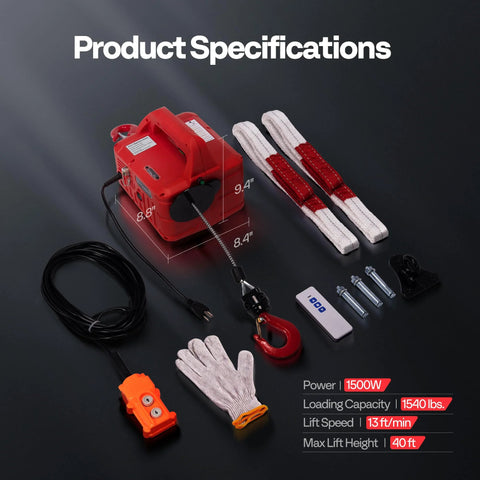 Front view of red VIVOHOME 3-in-1 electric hoist winch with wire rope and wireless remote, 1540 lbs