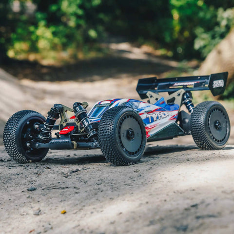ARRMA Typhon 1 Eight Scale RC Buggy 6S 4WD BLX RTR with TLR Tuned Parts on dirt track, rear-side view