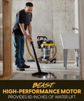 Man using 14 Gallon Wet And Dry Shop Vacuum With 65 Peak Horsepower Motor And Stainless Steel Tank on wet floor.