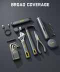 Top Shelf All In One Electric Screwdriver Rig With Claw Hammer Combo Wrench Long Nose Pliers Flexible Tape Measure Utility Knife Plus Assorted Bits And Hex Keys For Serious Weekend Warrior Builders arranged neatly on a black surface.