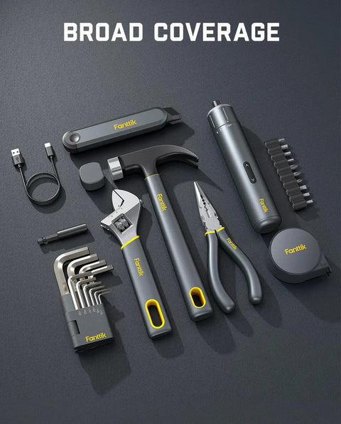 Top Shelf All In One Electric Screwdriver Rig With Claw Hammer Combo Wrench Long Nose Pliers Flexible Tape Measure Utility Knife Plus Assorted Bits And Hex Keys For Serious Weekend Warrior Builders arranged neatly on a black surface.