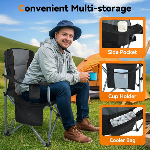 Oversized Heavy Duty Fully Padded Outdoor Folding Chairs 2 Pack With Cup Holder Cooler Bag And Side Pocket carrying a person