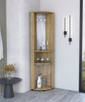 Totally Slick Corner Bar Cabinet With Heavy Duty Wine Rack And Center Mirror And Sweet Macadamia Wood Finish Triple Tier Storage 74 Inch Tall Double Door Display Unit in a modern living space.