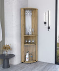 Sick Corner Home Bar Cabinet With Twin Glass Doors And Macadamia Finish 74 Inch Tall features racks, wine glass holder, and mirror.