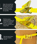 Instructional steps for using Heavy Duty E Track Ratchet Straps 2 Inch By 12 Foot 4 Pack Yellow Cargo Tie Downs With E Track Fittings