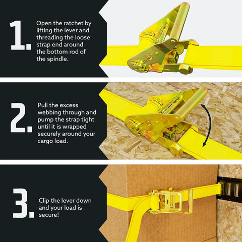 How to use Heavy Duty 2 Inch By 12 Foot Ratchet Tie Down Straps Pack Of 10 In Bright Yellow With E Track Fittings, 3000 Lb Break Strength And 1000 Lb Safe Working Load, Perfect For Trucks Vans Trailers And Motorcycle Tie Downs for securing cargo