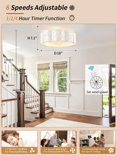 18" Coastal Boho Capiz Shell Ceiling Fan with Light and Remote,Flush Mount in a stylish living room setting.