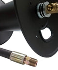 Close-up of Heavy Duty Pressure Washer Hose Reel For Skid Or Wall Mount, 200 Ft Capacity, 3/8 Inch Hose, showing brass connector
