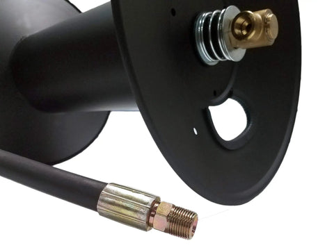Close-up of Heavy Duty Pressure Washer Hose Reel For Skid Or Wall Mount, 200 Ft Capacity, 3/8 Inch Hose, showing brass connector