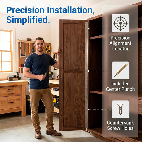 Man demonstrating installation of Two Pack 48 Inch Stainless Steel Piano Hinge, showing precision locator and countersunk screws.