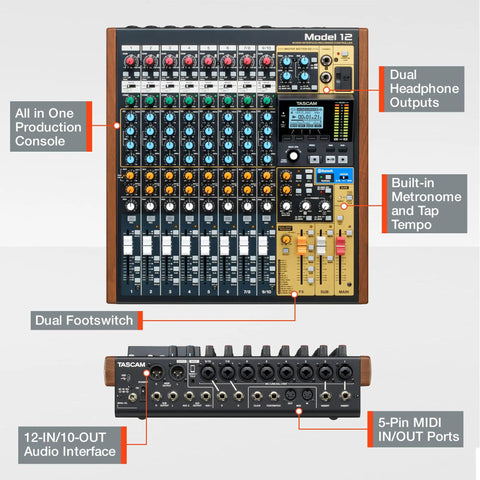 Top view All In One 12-Track Digital Multitrack Studio Mixer With USB Audio Interface And DAW Control showing interface labels.