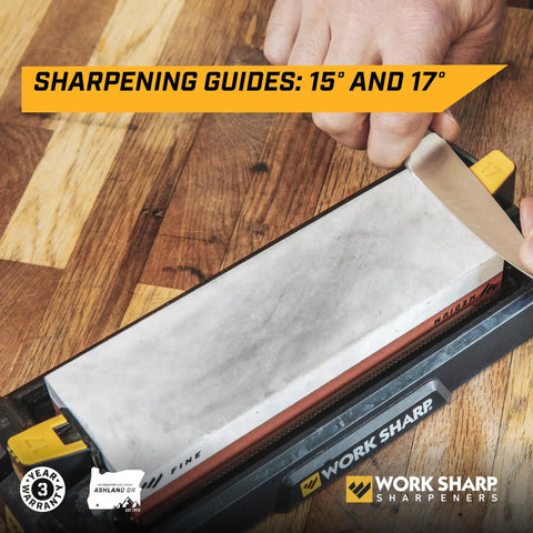 Pro Grade Kickass Benchtop Whetstone Knife Sharpener With 1000/6000 Grit Corundum Stones on wooden surface being used