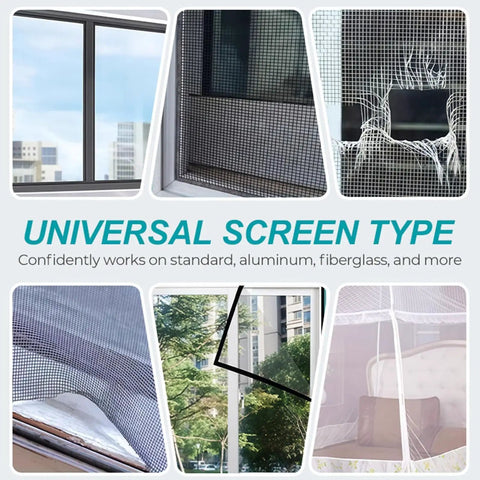 Collage showing Cuttable Window Screen Repair Tape for holes and tears on various screens, demonstrating universal screen compatibility.