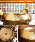 Premium Gold Ceramic Round Vessel Sink For Bathroom Countertop Vanity With A Slick Scratch Resistant Glaze And Easy Maintenance Design For Daily Home Use displayed on counter with colorful tiles.