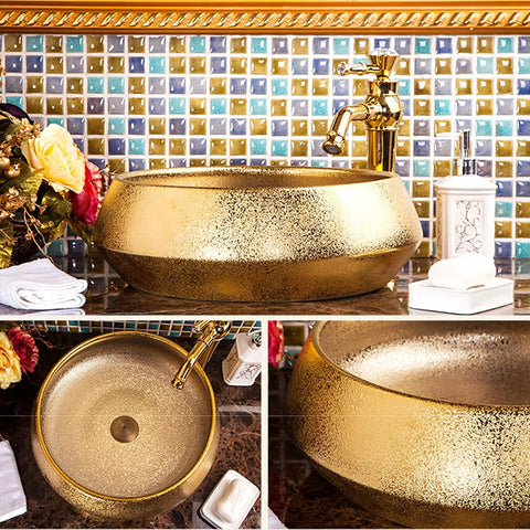 Premium Gold Ceramic Round Vessel Sink For Bathroom Countertop Vanity With A Slick Scratch Resistant Glaze And Easy Maintenance Design For Daily Home Use displayed on counter with colorful tiles.