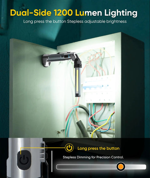 Rechargeable Magnetic Work Light With 4000mAh Battery, 1200 Lumens, Hook Design lighting up an electrical panel