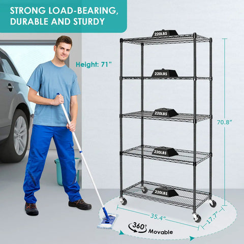 Total Workhorse Five Tier Black Wire Shelving Rack With Smooth Rollers Fully Adjustable NSF Certified Metal Storage Unit For Kitchen Pantry Garage Go Anywhere Rolling Caster Shelves Haul Three Hundred Thirty Pounds