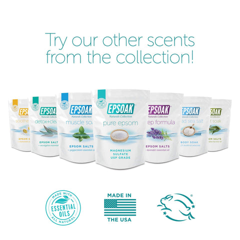 Various Epsoak Epsom salts bags including Muscle Recovery Epsom Salt Soak With Eucalyptus And Peppermint Essential Oils