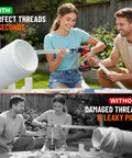 Two Pack PVC Pipe Threader Kit 1/2 and 3/4 Inch with Built In Internal and External Threading shown in use by two people outdoors