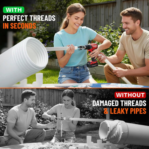 Heavy Duty PVC Pipe Threader Kit For One Half Inch And Three Quarter Inch Tubing With Dual Function Internal And External Threading in use