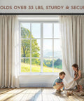 Room with no drill tension curtain rod set 51 to 168 inches for indoor or outdoor use, holding beige curtains, two kids playing.