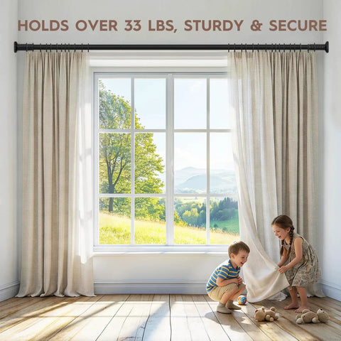 Room with no drill tension curtain rod set 51 to 168 inches for indoor or outdoor use, holding beige curtains, two kids playing.