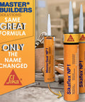 Premium Moisture Cured Polyurethane Sealant That Slaps Down A Hella Tight Bond On Any Project Without Primer And Keeps Fighting Off Weather In Smooth Stone Finish Pack Of 12 Heavy Duty Tubes displayed with tools and workbench.