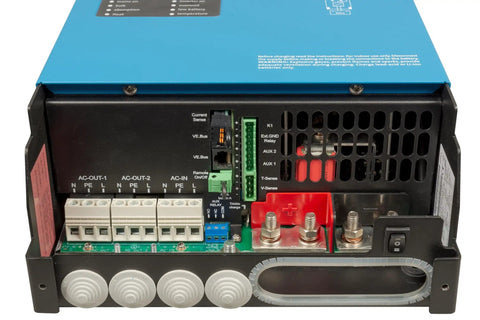Rear view of MultiPlus-II Pure Sine Wave Inverter Charger for 12-Volt Systems, showing connection ports and terminals.