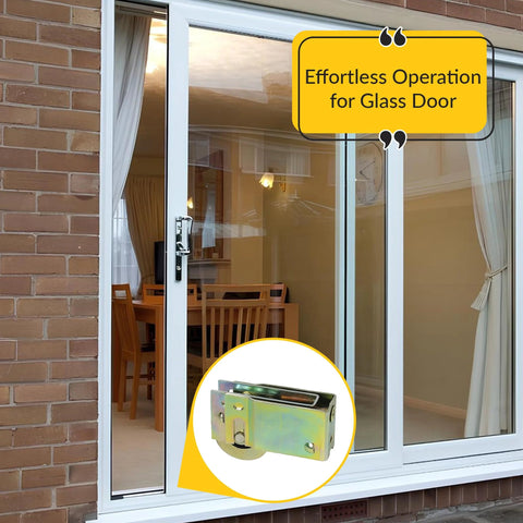 Patio Door Roller Assembly With Stamped Steel Housing And Dichromate Finish One And One Quarter Inch Steel Wheel Three Quarter Inch Width One And Three Sixteenths Inch Height Sliding Door Roller For Patio Track shown with sliding glass door in brick wall setting