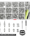 600 Piece Metal Studs And Spikes Kit For DIY Punk Fashion With 8 Size Cone Spikes And Pyramid Studs, Screwback Rivets, tools shown