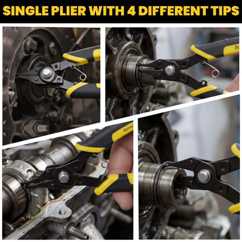 4 In 1 Heavy Duty Snap Ring Pliers Set With Interchangeable Heads For Internal And External Retaining Rings 45 And 90 Degree Angled Jaws Circlip Removal Tool For Auto Repair Machinery And Home DIY in use on machinery