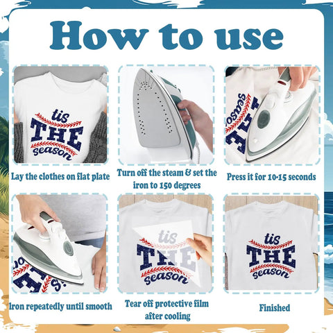 How-to guide for 10 Pack Baseball DTF Iron On Transfers For T Shirts And Apparel Ready To Press Heat Transfer Sheets application.