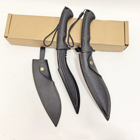 Plastic Practice Knife Set 12 Inch Polypropylene Nepalese Style Tanto Training Blades with PU Sheath Two Pack on display