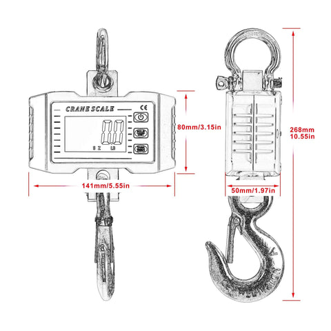 Heavy Duty Digital Crane Scale 1000kg 2000lb For Indoor Outdoor Use, High Accuracy Hanging Scale With Backlit LCD, dimensions shown