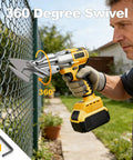 WeToolGoo Cordless Brushless Metal Shears For Dewalt 20V Max Cutting Up To 14 Gauge Steel And Stainless Sheet With 500Nm Torque And Swiveling Head For Iron Leather Cardboard Without Battery Included, 360 degree swivel in use on chain link fence.