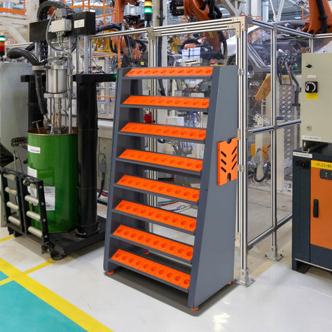 Heavy Duty CNC Tool Holder Rack Storage Organizer With Eight Row Metal Shelf in workshop environment