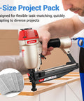 Person using pneumatic nailer with Five Sizes 16 Gauge Galvanized Finish Nails 2500 Pcs Assorted Set for cabinetry and trim.