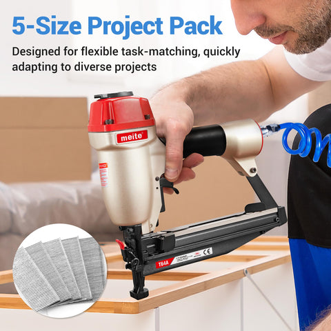 Person using pneumatic nailer with Five Sizes 16 Gauge Galvanized Finish Nails 2500 Pcs Assorted Set for cabinetry and trim.