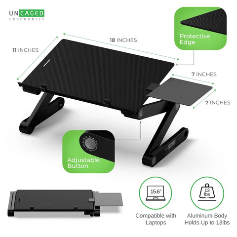 Diagram of WorkEZ Adjustable Keyboard Stand, aluminum body, 18x11 inches, with adjustable button and protective edge.
