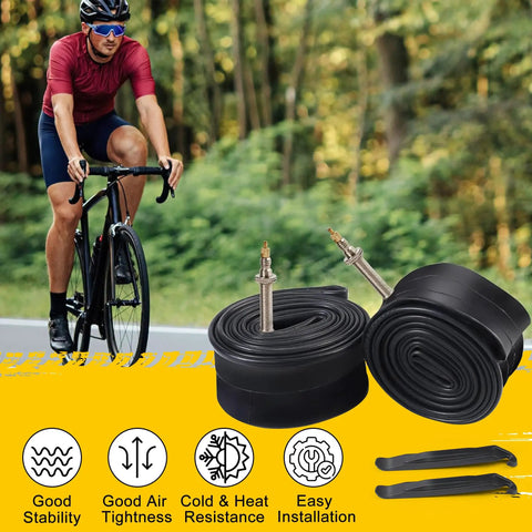Two Pack 700C Road Bike Inner Tubes Fits 700x35C To 700x43C 28 Inch Tires With 48mm Presta Valve displayed with cyclist