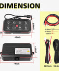 Dimensions of 8 Gang Switch Panel For Trucks, SUVs, UTVs And Boats, with wiring harness, touch panel, and control box.